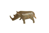 Vintage handmade African bronze rhinoceros sculpture with a dark, aged patina.