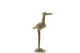 Vintage African crowned stork statue with a textured, oxidized bronze finish holding a fish.