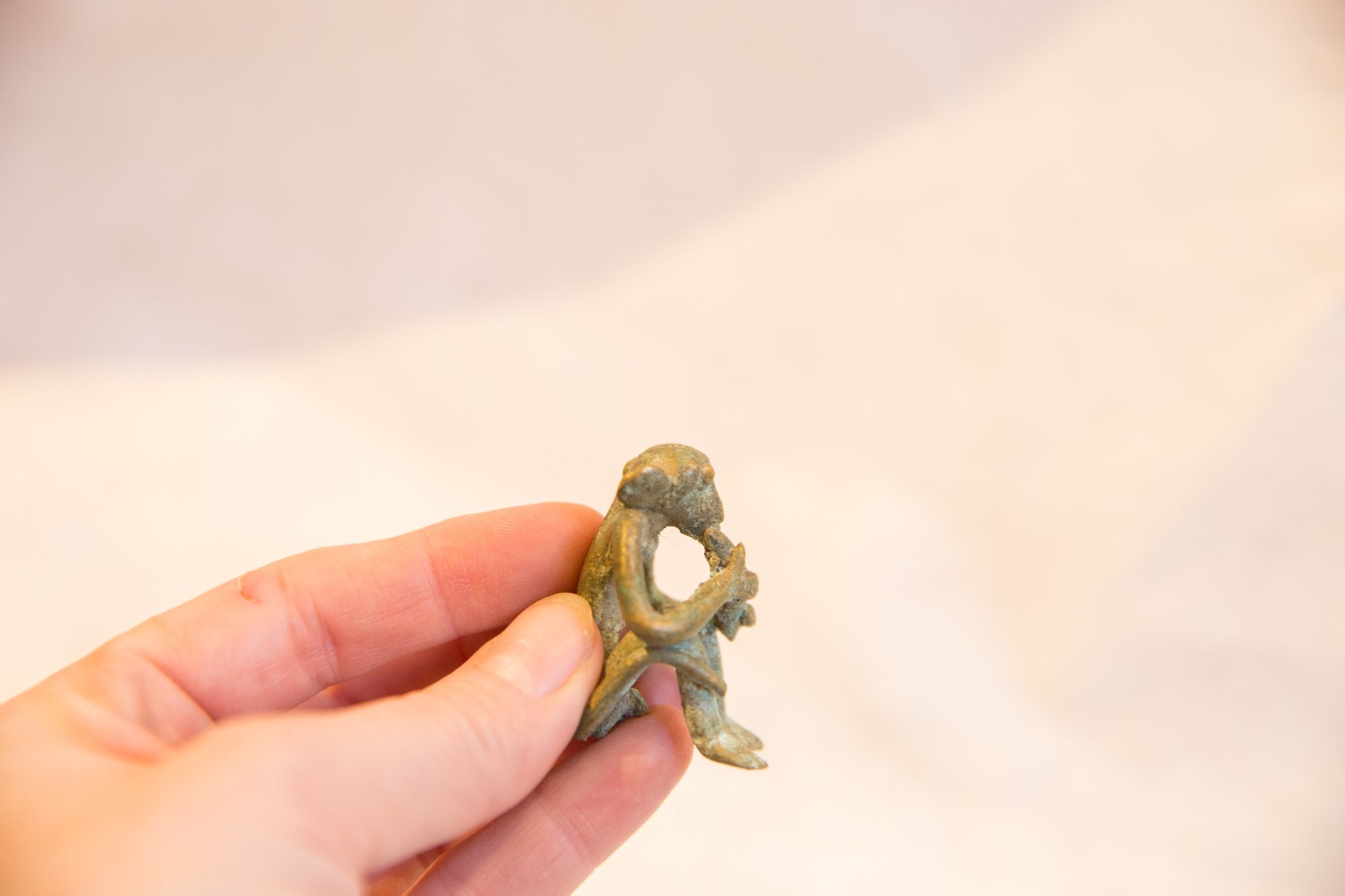 Vintage African Oxidized Bronze Sitting Monkey Eating Banana // ONH Item ab00680 Image 1