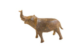Vintage African elephant sculpture with a speckled bronze patina and raised trunk.