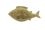 Vintage African bronze fish sculpture with a green oxidized patina and mesh pattern body.