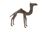 Vintage African dark bronze camel sculpture with a stylized slender form and aged patina.