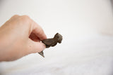 Textured vintage African bronze owl sculpture, held in a person's hand.