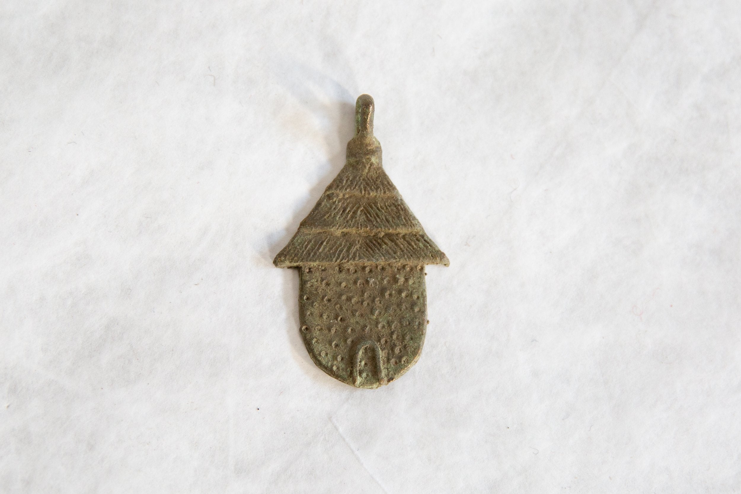 Vintage African Bronze Hut with Front Door Pendant // ONH Item ab00800 Image 1