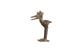Vintage African dark bronze crowned stork sculpture with an open beak and textured patina.