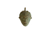 Handmade vintage African bronze mask pendant with a textured, oxidized green patina.