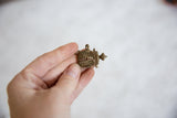Vintage bronze turtle pendant with a mesh shell design held in hand for scale.
