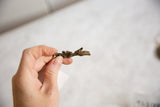 Vintage African bronze crocodile pendant held to show its handmade texture and scale.