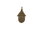 Vintage African bronze hut pendant featuring a textured roof and spotted base, 1.5 x 2.5 inches.