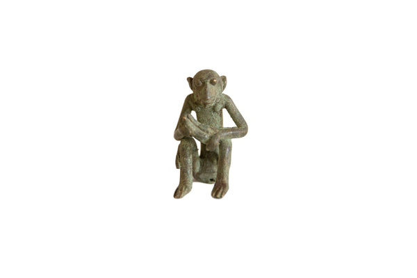 Vintage African Oxidized Bronze Sitting Monkey with Banana // ONH Item ab00920
