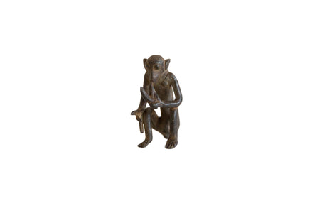 Vintage African Bronze Sitting Monkey Eating Two Bananas // ONH Item ab00921