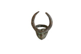 Vintage African bronze horned mask ring, mid-20th century, displaying an aged patina.