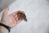 Vintage African bronze sea creature pendant held in hand, showing its handmade details and scale.