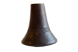 Antique African handmade wooden vase with dark brown patina and carved geometric patterns.