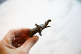 Small vintage African bronze elephant held in hand, with textured patina and curled trunk.