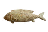 Vintage African large handmade bronze fish sculpture with textured scales and green-brown patina, 10 inches.