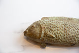 Textured scales and rich greenish-brown patina on the vintage African bronze fish.