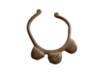 Vintage African bronze bell cuff bracelet with three textured bell shapes and a rich patina.