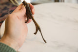 The vintage bronze lion held in hand to demonstrate its size and rustic texture.