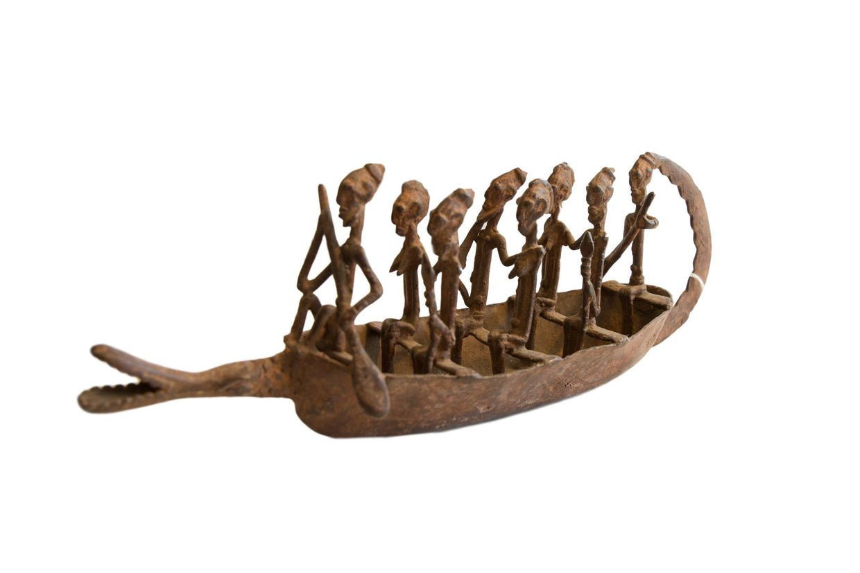 Antique African Bronze Crocodile Design Boat with Passengers // ONH Item ab01135