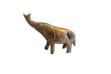 Vintage African bronze alloy elephant sculpture, handmade with aged patina, trunk raised.