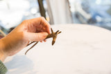 Hand holding the head of a vintage African bronze giraffe figurine, showing rough texture and patina.