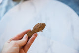 A hand holds a vintage African bronze fish, highlighting its handmade texture and light patina.