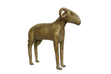 Vintage African bronze ram statue with a stylized form, curved horns, and aged patina.