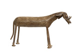 Vintage African bronze ram sculpture with a stylized, elongated body and aged, textured patina.