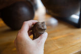A hand holding a small vintage bronze hippo, showing its collectible size and rustic finish.