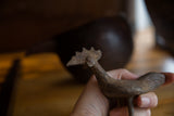 Vintage African bronze bird held in hand, showing its textured head and comb.