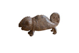 Vintage African handmade bronze chameleon sculpture with textured dark brown finish and coiled tail.