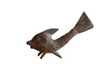 Collectible vintage African bronze standing fish sculpture with unique textured patina.