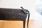 Two small birds perched on vintage African buffalo, showcasing etched patterns.