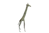 Handcrafted vintage African giraffe sculpture with a muted green-brown patina, 12.25 inches tall.