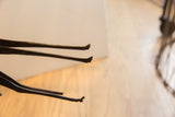 Detailed view of the vintage giraffe's slender, textured dark horns.