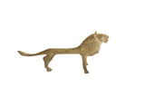 Stylized vintage African lion figurine with an elongated body and weathered, oxidized patina.