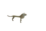 Vintage African lion statuette with a slender body and weathered, oxidized patina.