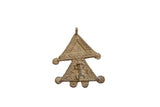 Vintage African bronze pendant with lizard and geometric motifs on a stacked triangle design.