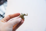 Vintage bronze elephant pendant held in hand, showing its small size and side profile.