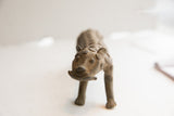 Frontal view of the vintage cheetah sculpture's face, detailing its textured patina.