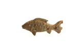 Vintage handmade African fish figurine with a rustic bronze texture and green patina.