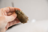 Hand holding vintage African turtle figurine, highlighting textured back with imperfect circular patterns.