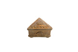 Collectible vintage African triangle box with spiral sun design and aged bronze texture, 2.5 inches.