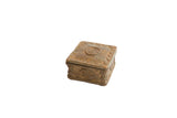 Vintage African square box with a carved circular lid and handmade, weathered details.