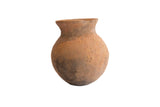 Antique handmade terracotta vase with a bulbous body and rustic, earth-toned patina.