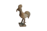 Vintage African rooster sculpture, aged bronze with worm, textured neck, and patina.