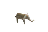 Vintage African elephant figurine with a stylized shape and a mottled oxidized green patina.