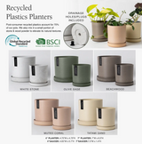 A style guide for recycled planters showing available earth tone color options and features.