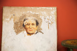 Salvatore Aucello unfinished portrait, elderly face on canvas with sketch lines and peeling paint.